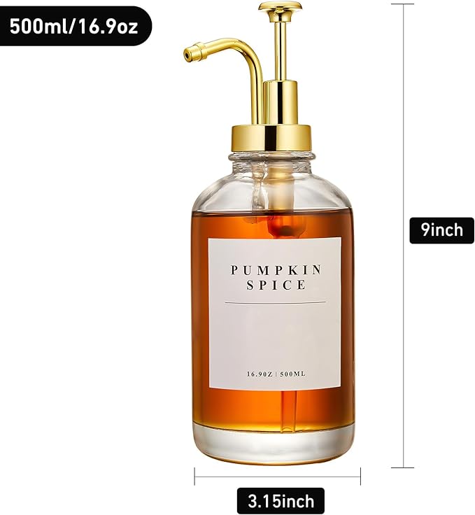 Coffee Syrup Dispenser for Coffee Bar, Coffee Syrup Pump Dispenser, Glass Syrup Bottle with Gold Upgraded Pump, 4 Pack 16.9 oz 500 ml Syrup Dispensers, 28 Labels and Large Bamboo Tray