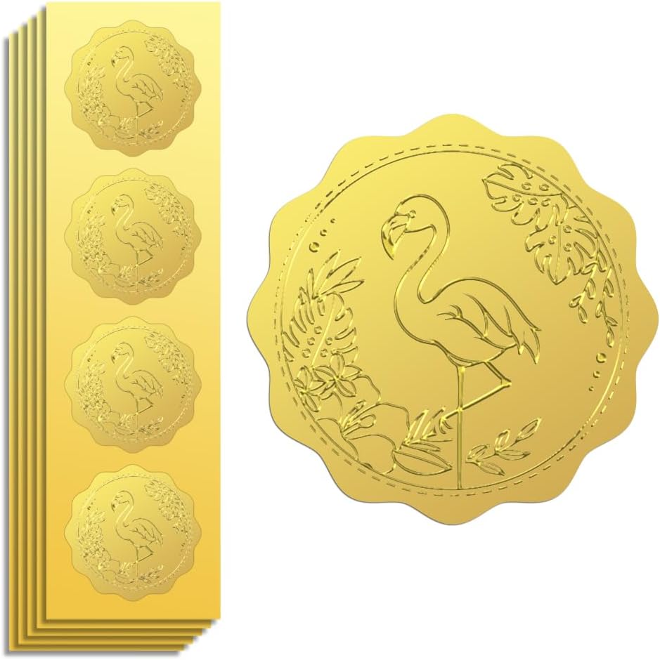 Peacoblue Gold Foil Sticker Seal Embossed 2 Inch 100Pcs Flamingo and Banana Leaves, Self Adhesive Gold Around Embossing Sticker for Invitation Certificate Envelope Seal Gift Card Decoration