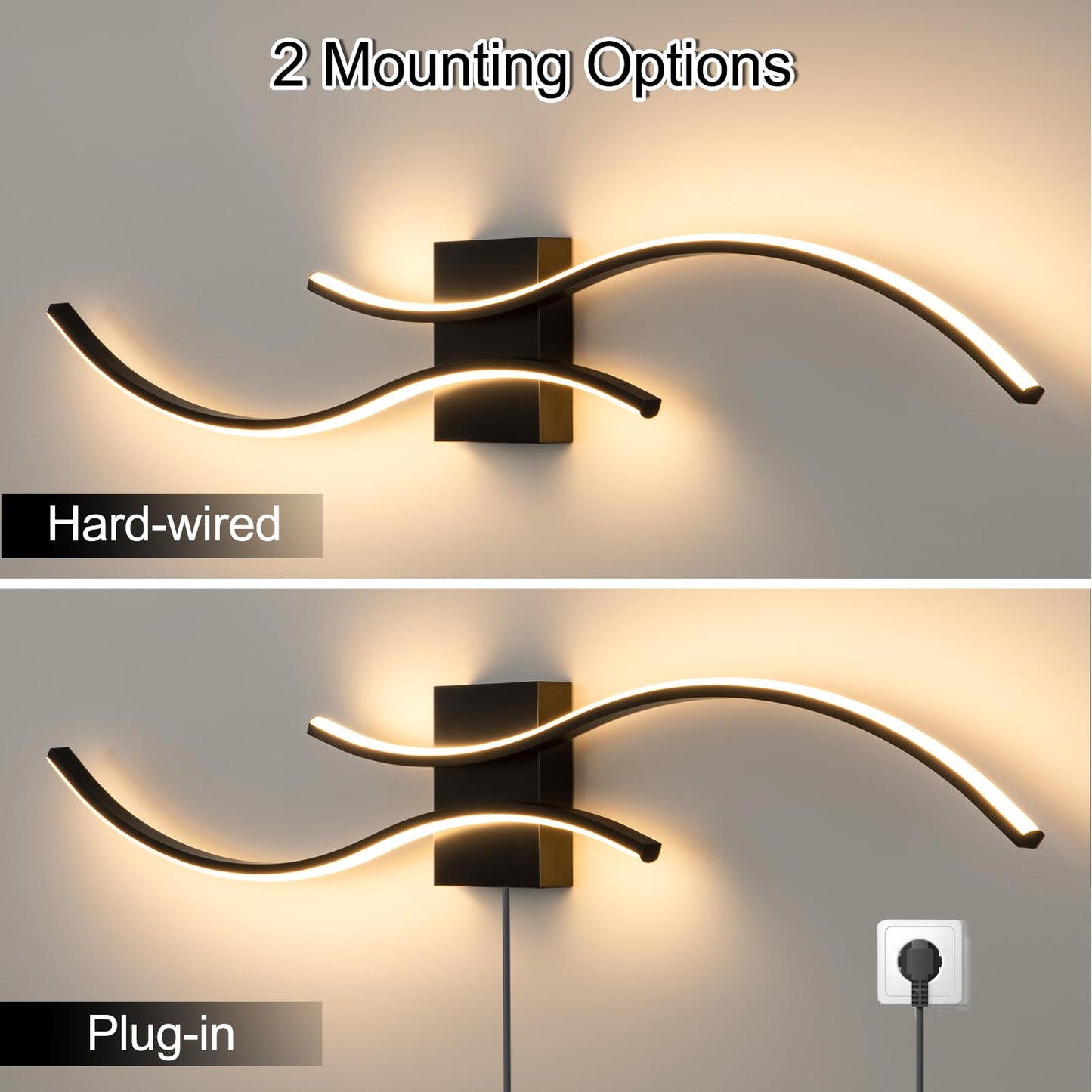 Caneoe Modern Led Wall Light Sconce, 39 Black Aluminum, Warm White 3000K, Ideal For Bathroom, Living Room, Bedroom, Hallway