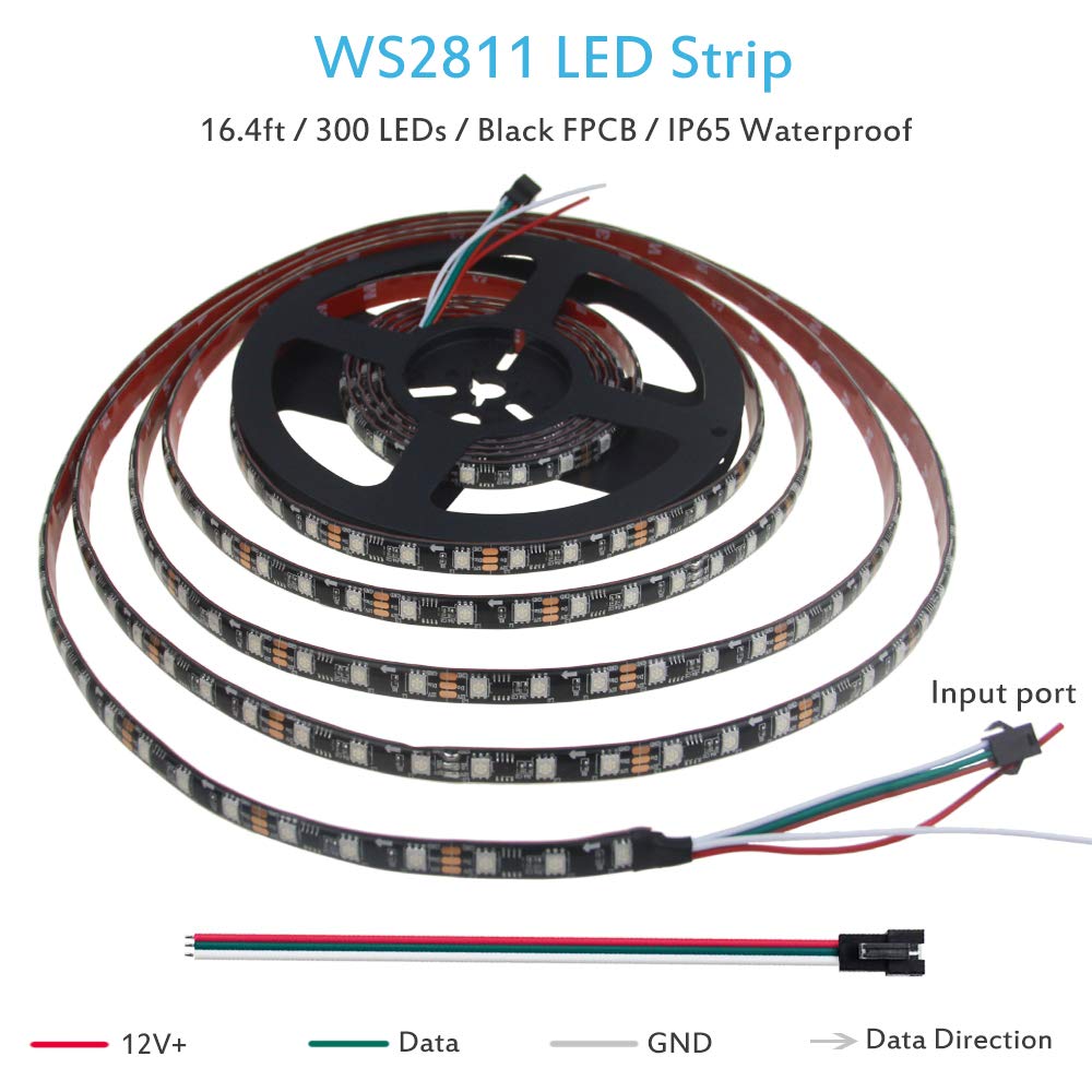 ALITOVE RGB LED Strip Lights WS2811, 16.4ft, 300 LEDs, Waterproof IP65, Black FPCB, Model AL2811BK300IP65