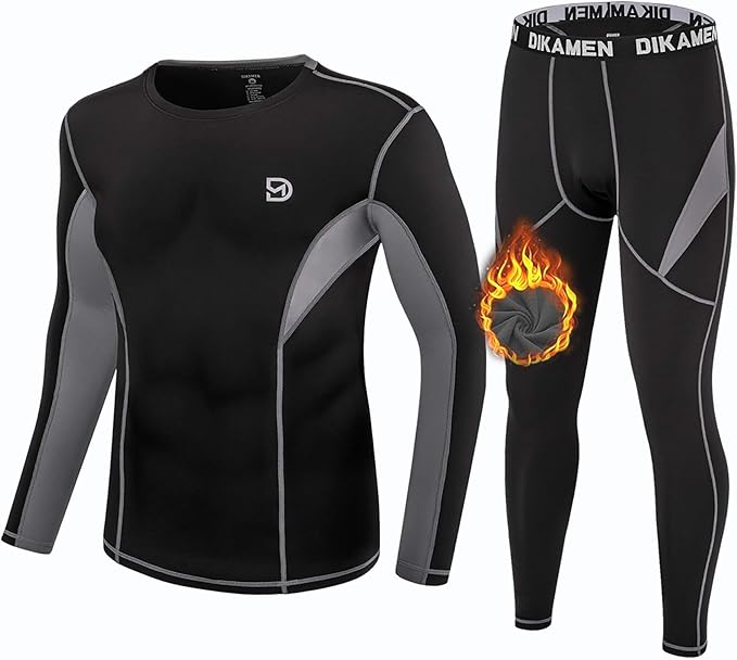 DIKAMEN Men's Thermal Underwear Fleece Lined Performance Fleece Tactical Sports Shapewear Thermal Set