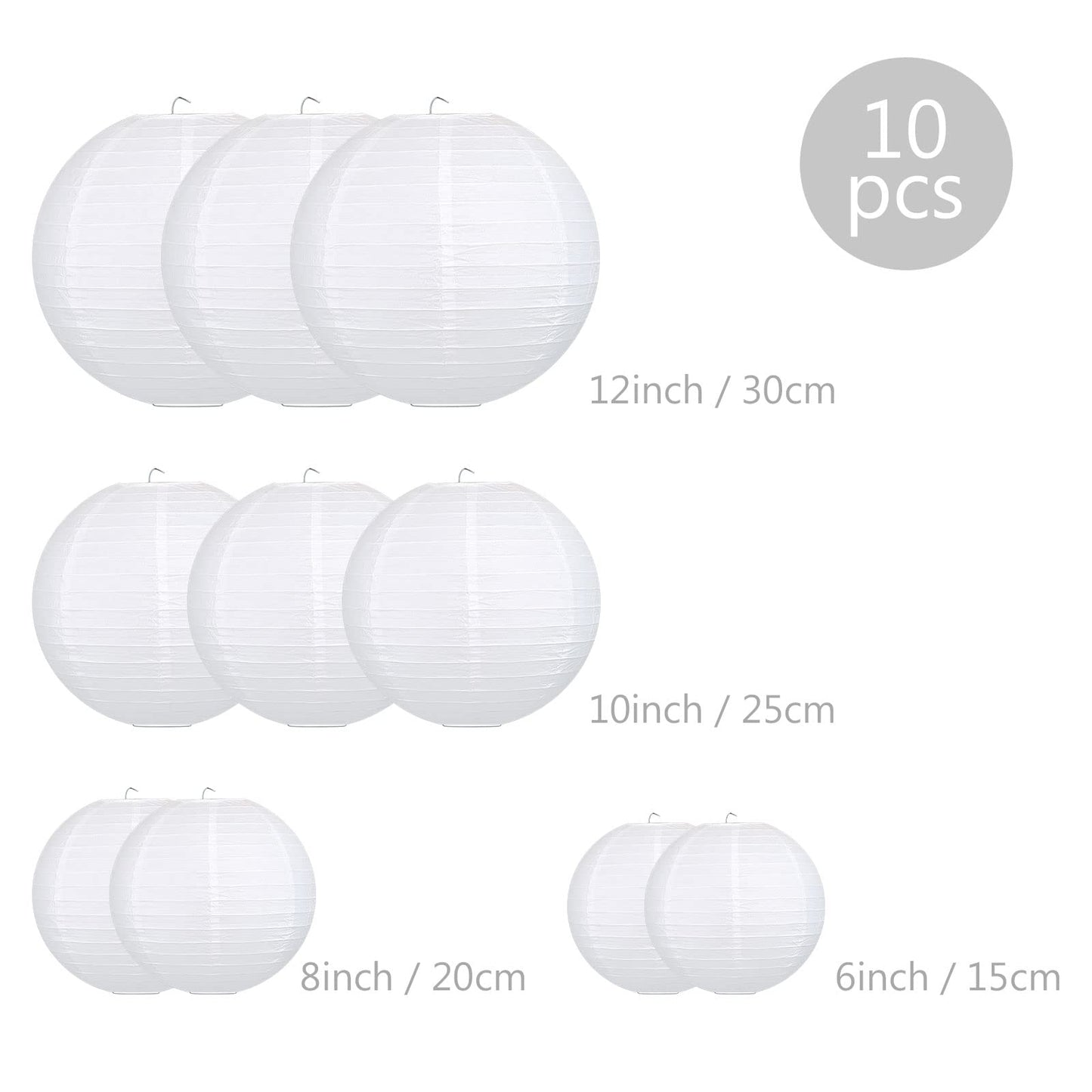 Lihao 10Pcs White Paper Lanterns - Decorative Chinese Lanterns For Weddings, Parties, Baby Showers - Sizes: 6, 8, 10, 12