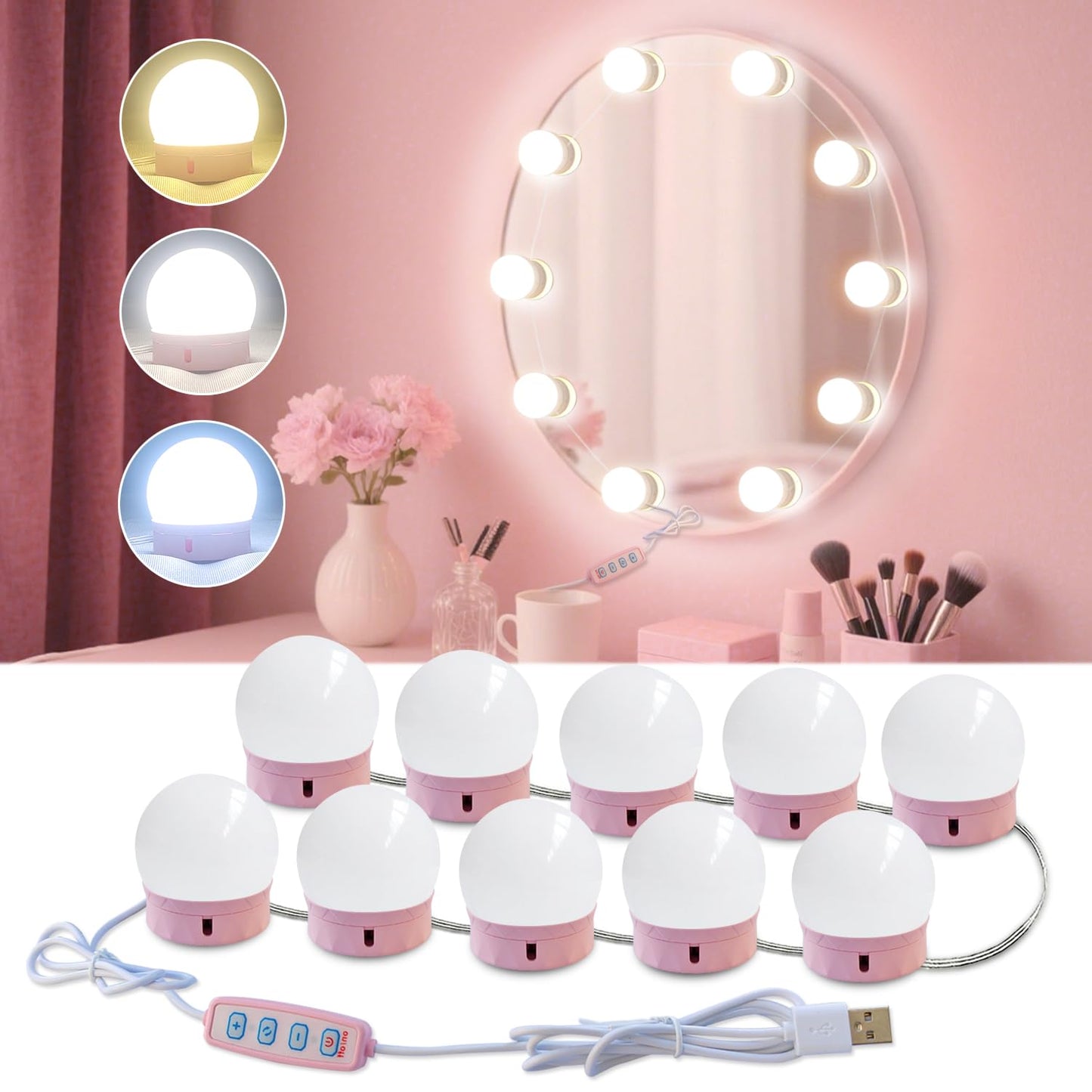 HELOIE Led Vanity Mirror Lights, 10 Dimmable Bulbs, Adjustable Color & Brightness, Pink, Model vl-10p