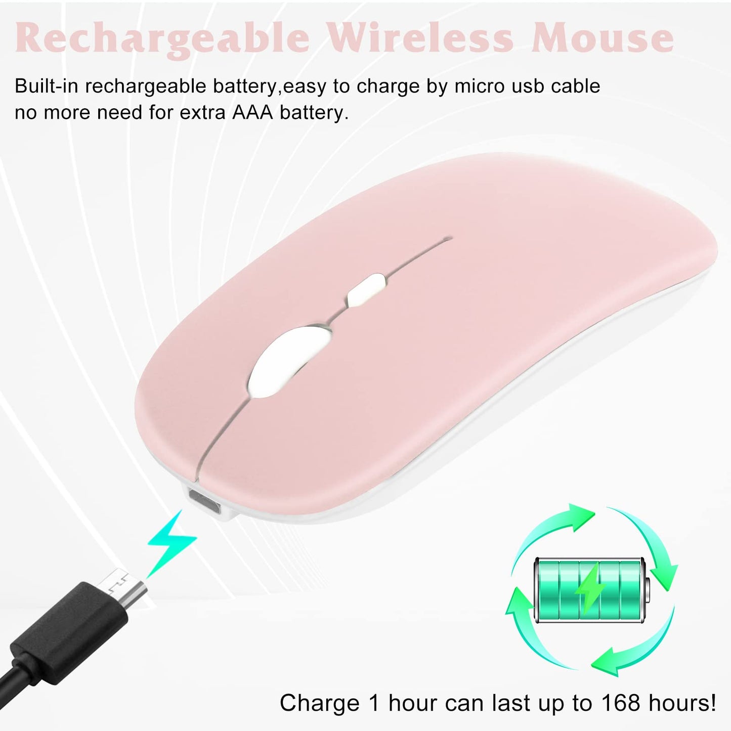 Urbanx 2.4Ghz & Bluetooth Wireless Mouse, Rechargeable For Laptop/Pc/Mac/Ipad Pro/Tablet/Android - Flamingo Pink