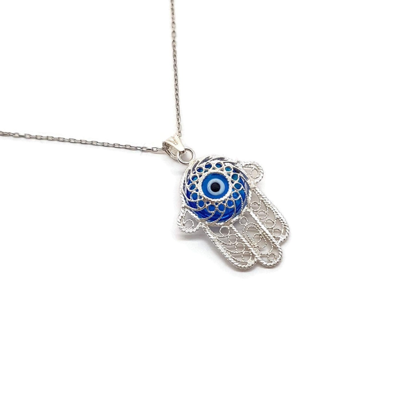 MYSTIC JEWELS By Dalia - Sterling Silver Filigree Necklace with Hamsa Hand and Turkish Blue Evil Eye