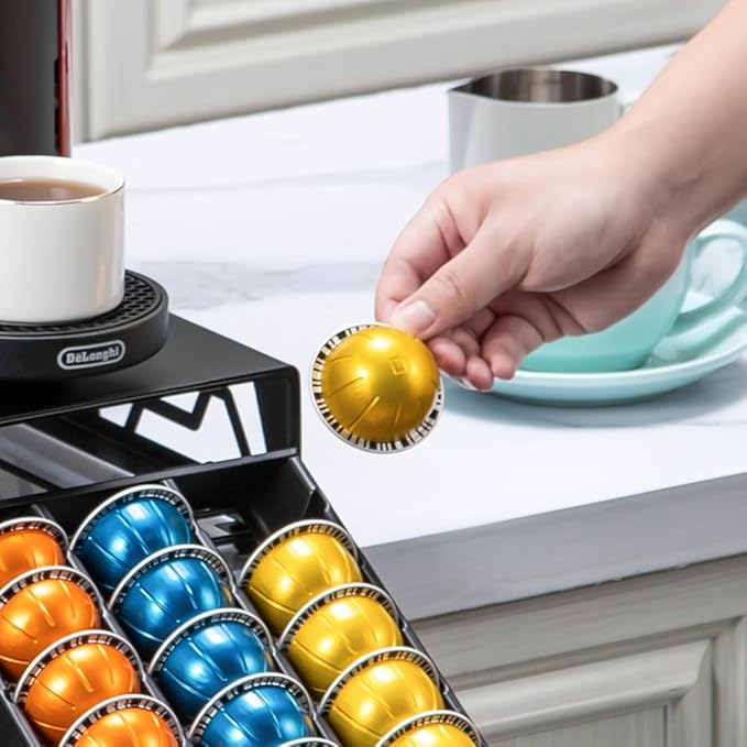 FlagShip Vertuo Pod Drawer Modern Black Metal Coffee Capsule Organizer & Space-Saving for Nespresso Pod Holder Coffee Machine Stand(30 Vertuo Pods Capacity)