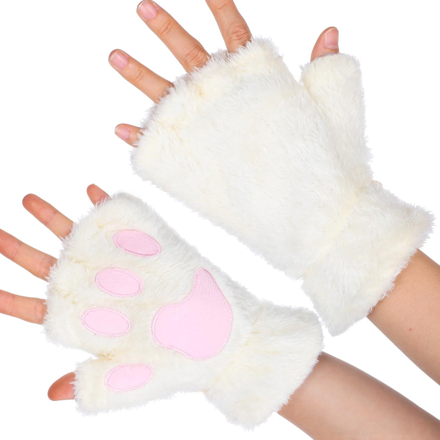 WLLHYF Cat Paws Gloves Fingerless Bear Furry Paw Cute Hand Gear Winter Warm Gloves Halloween Cosplay Costume Accessories (White)
