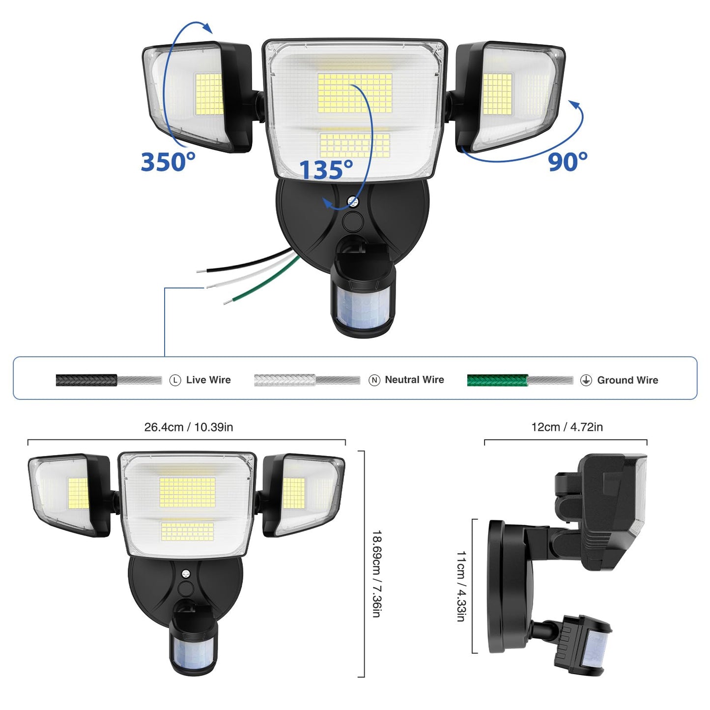 Onforu 90W 10000Lm Led Motion Sensor Outdoor Lights  4-Head Dusk To Dawn Outdoor Lighting  Hardwired Flood Lights  Ip66 Waterproof 6500K Security Floodlight For Outside (Black)