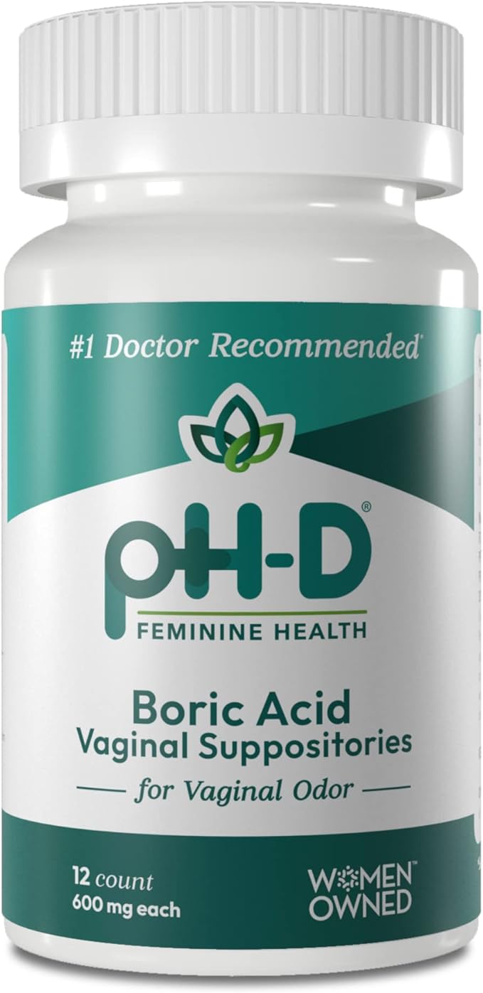pH-D Feminine Health Support - 600 mg Boric Acid Suppositories - Woman Owned - for Vaginal Odor Use - 12 Count