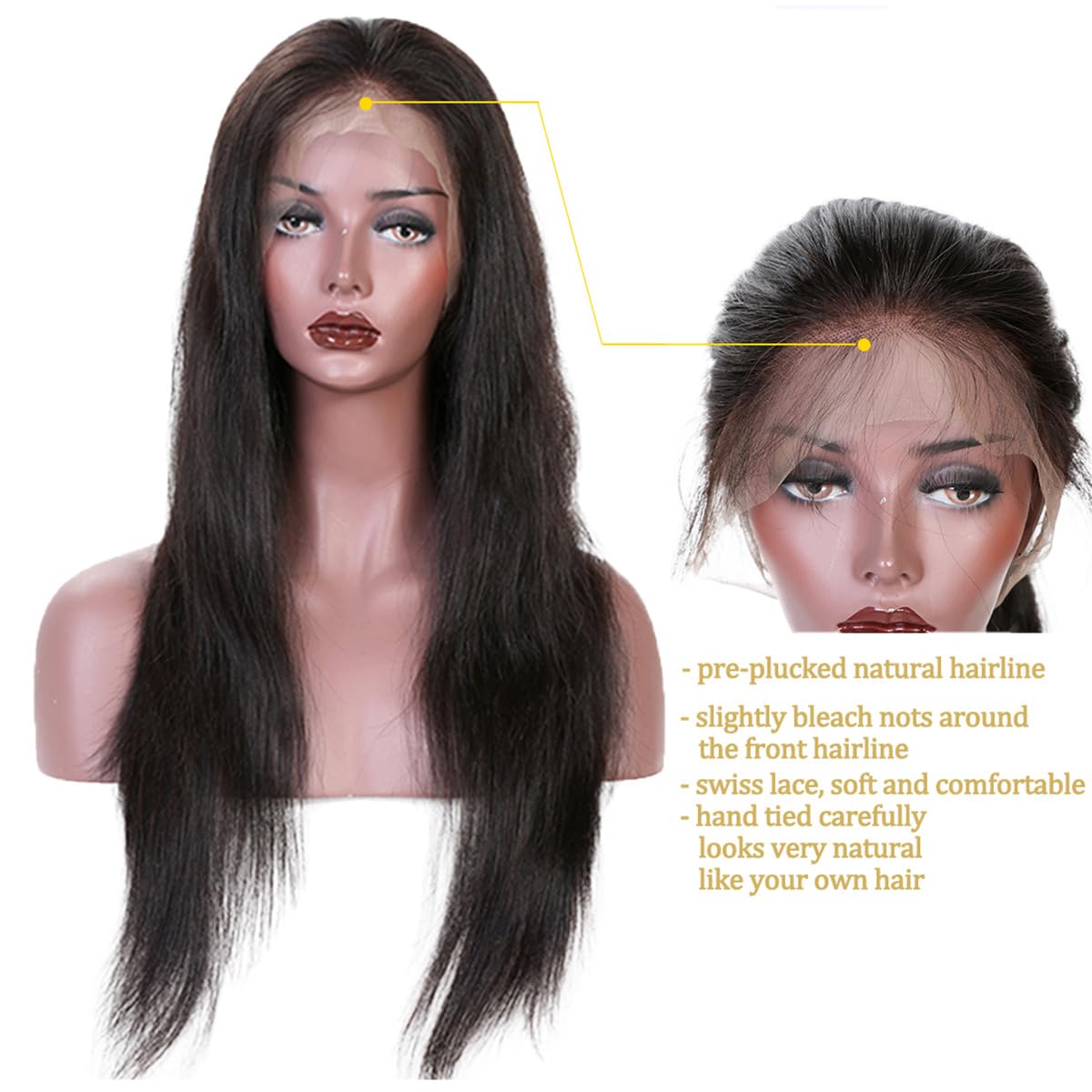 360 Lace Wigs Natural Straight Brazilian Virgin Human Hair Wigs with Pre Plucked Natural Hairline, Slightly Bleached Knots 150%