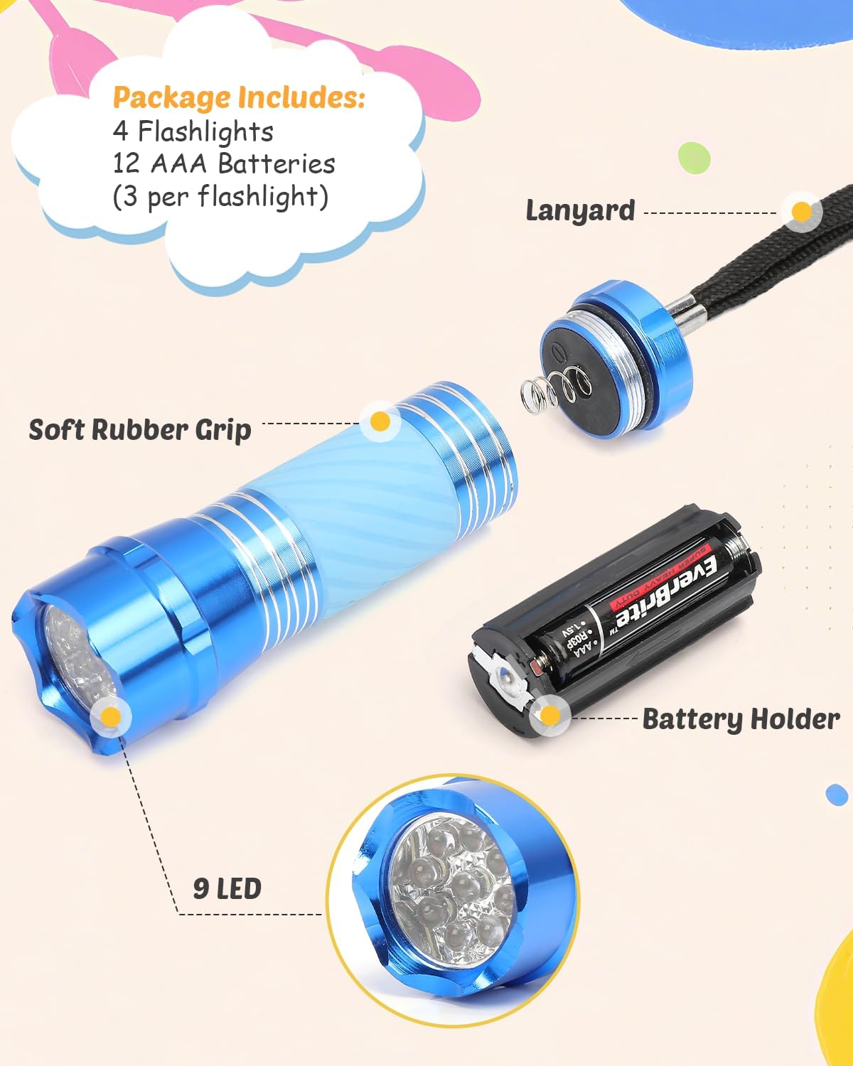 EverBrite Mini LED Flashlight 4-Pack, Aluminum, Glow in Dark, Assorted Colors (Green, Red, Blue, Pink), Model E000015