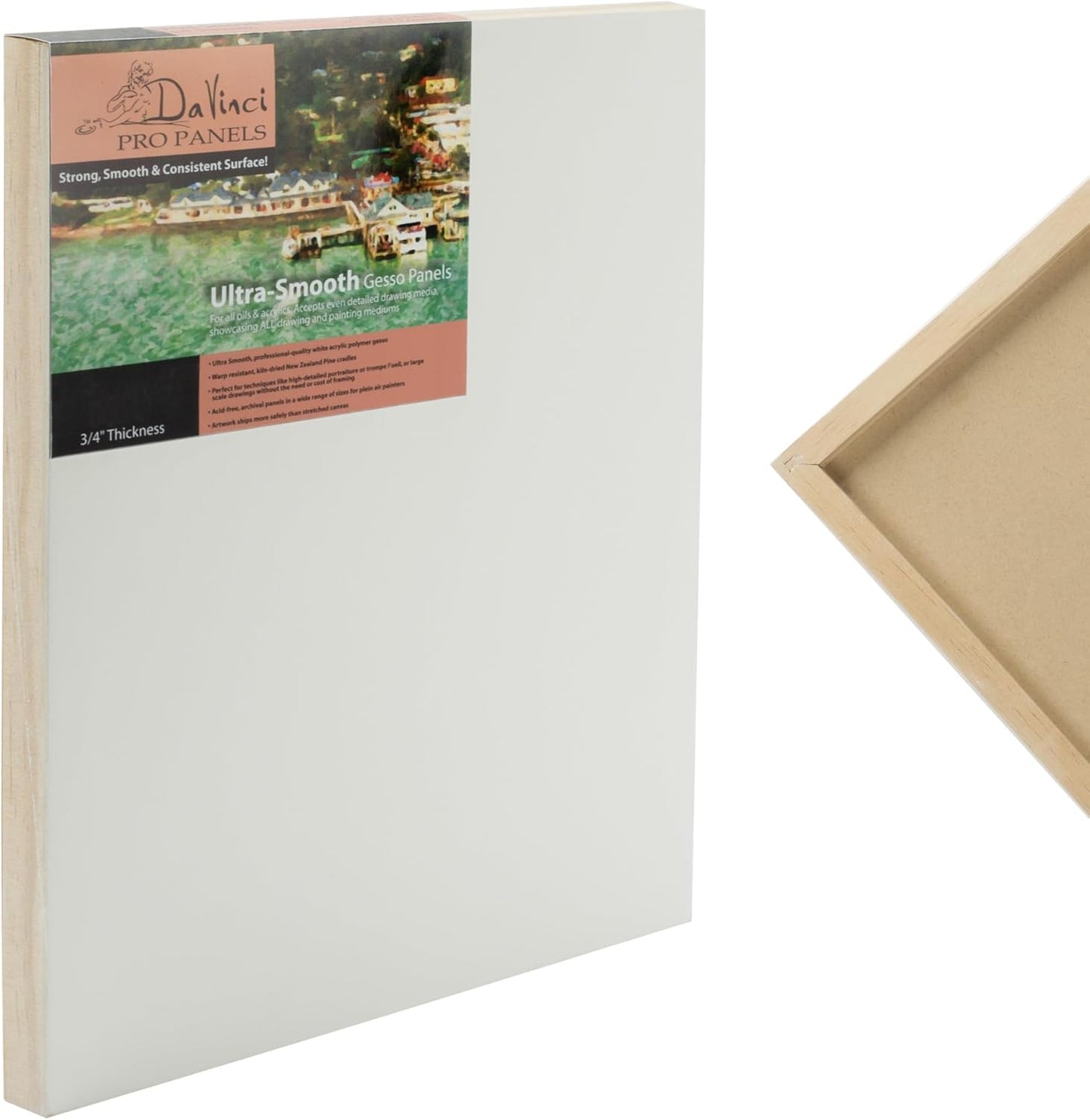 Da Vinci Pro Ultra Smooth Wood Canvas Gesso Board - 3/4" Deep, 14x18 Single White Acrylic Polymer Gesso Panels for Painting Fine Portraits and Ultra Fine Detail Illustrations and Artwork