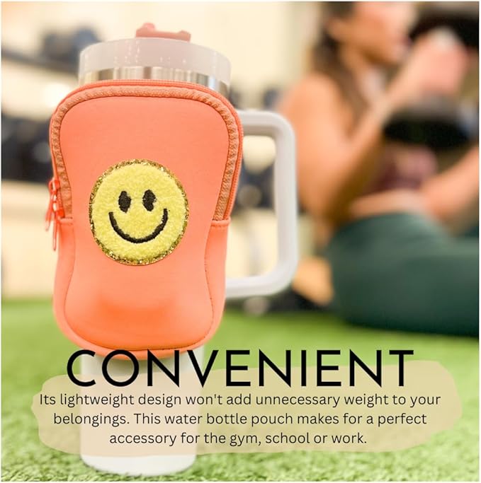 Water Bottle Pouch For Tumblers, Gym Accessories, Unisex | Compatible w/ 20-48oz Tumblers Including Stanley Quencher | Holds Phone, Wallet, Keys, Cards, & More (Neon Orange/Smile Face)