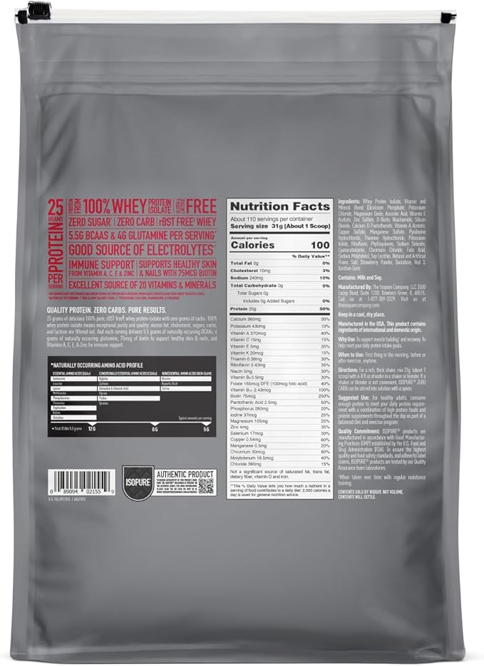 Isopure Zero Carb 100% Pure Whey Isolate Protein Powder, Lactose Free, Gluten Free, With Vitamins, Strawberries & Cream, 25g Protein Per Serving, 7.5 Lbs, 110 Servings (Packaging May Vary)