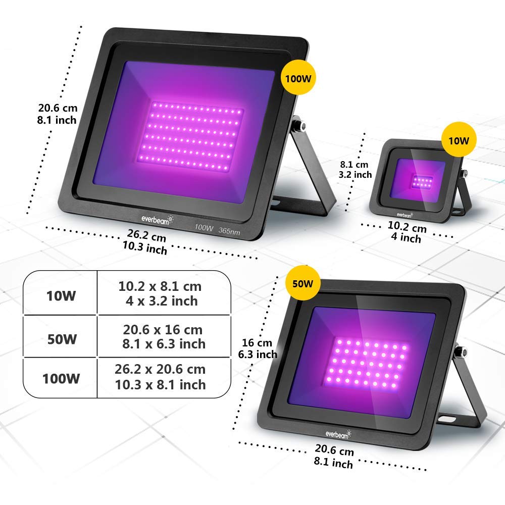 Everbeam 10W UV LED Black Light - IP66 Waterproof, 395nm, Aluminum, Model US-365NM50W, Indoor/Outdoor Use