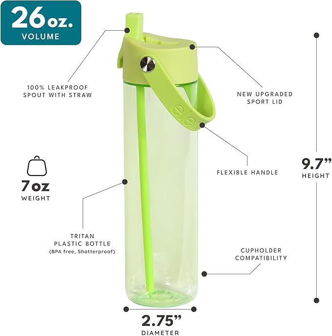 Elemental Splash Water Bottles - BPA-Free Tritan Plastic Reusable Water Bottle with Strap - Ideal for Gym and Sports Leak Proof when Spout is Closed - Key Lime & Orange - 26oz (2 Pack)