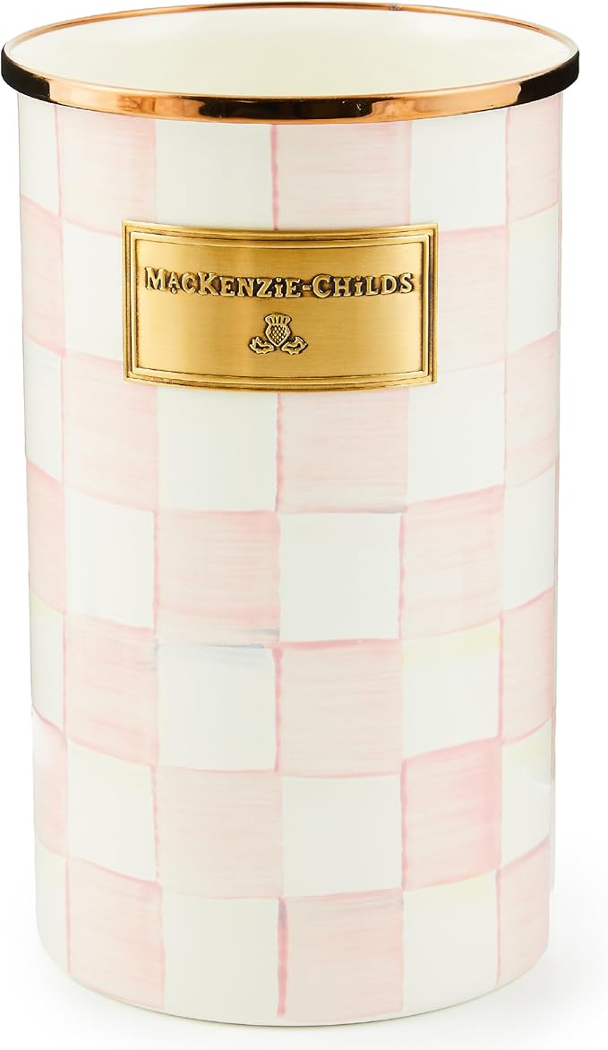 MACKENZIE-CHILDS Enamel Utensil Holder, Kitchen Utensil Holder for Countertop, Storage Caddy, Pink-and-White Rosy Check