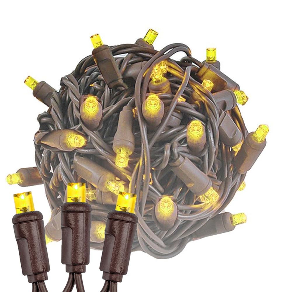 Novelty Lights 25ft 50 LED Yellow Christmas String Lights, Dimmable, Connectable, Brown Wire, UL Listed, IP55