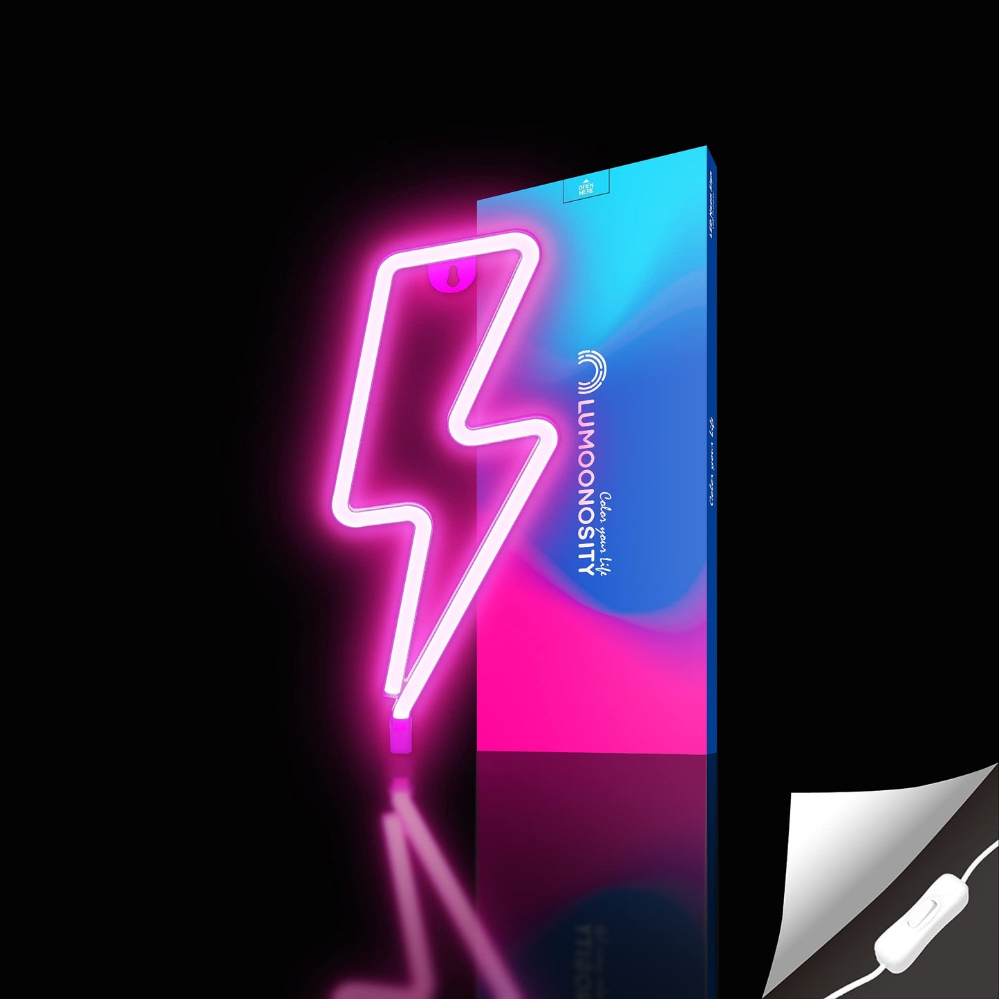 Lumoonosity Neon Lightning Bolt Sign, USB Powered LED Light, On/Off Switch, Pink, Model NSLIGHTNING PINK, Wall Decor for Bedroom, Gaming Room