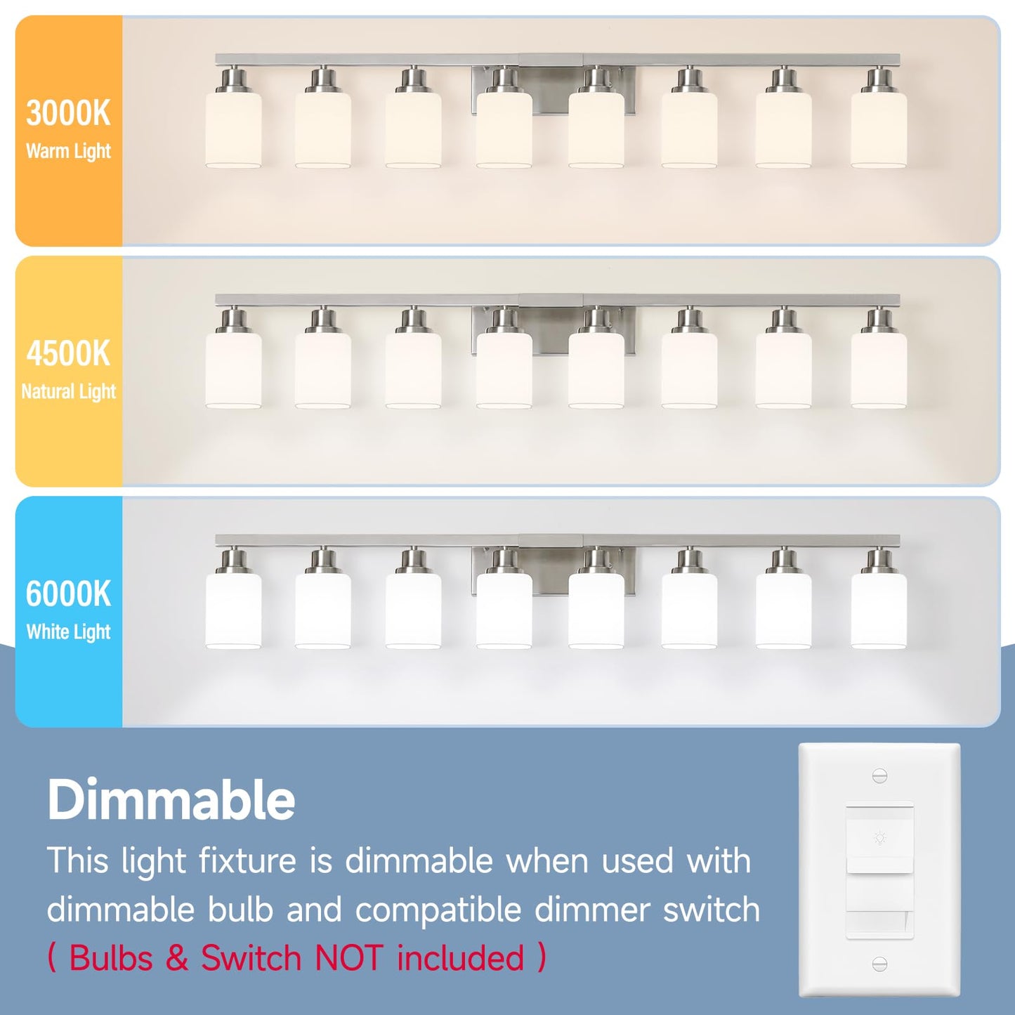 DIKAIDA 8-Light Bathroom Vanity Light,Brushed Nickel Vanity Lights with Square Frosted Glass,Modern Wall Lights Fixtures Over Mirror,Wall Sconces Lighting for Bedroom Living Room,E26