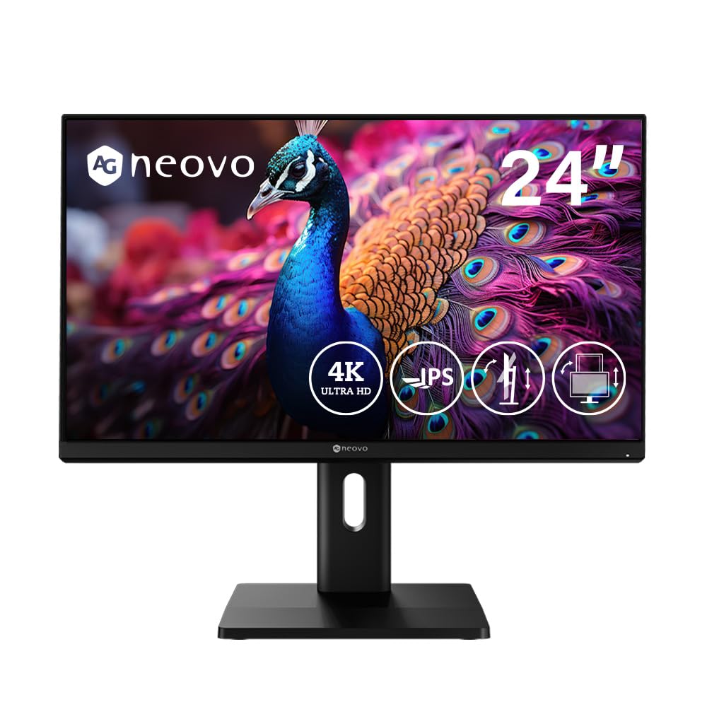 AG Neovo EM2451 24 Inch 4K Monitor, 3840 x 2160 UHD, IPS, 100% sRGB, 93% DCI-P3, Height Adjustable, Pivot, USB-C with 65W Power Delivery, Dual HDMI 2.1, DisplayPort 1.4