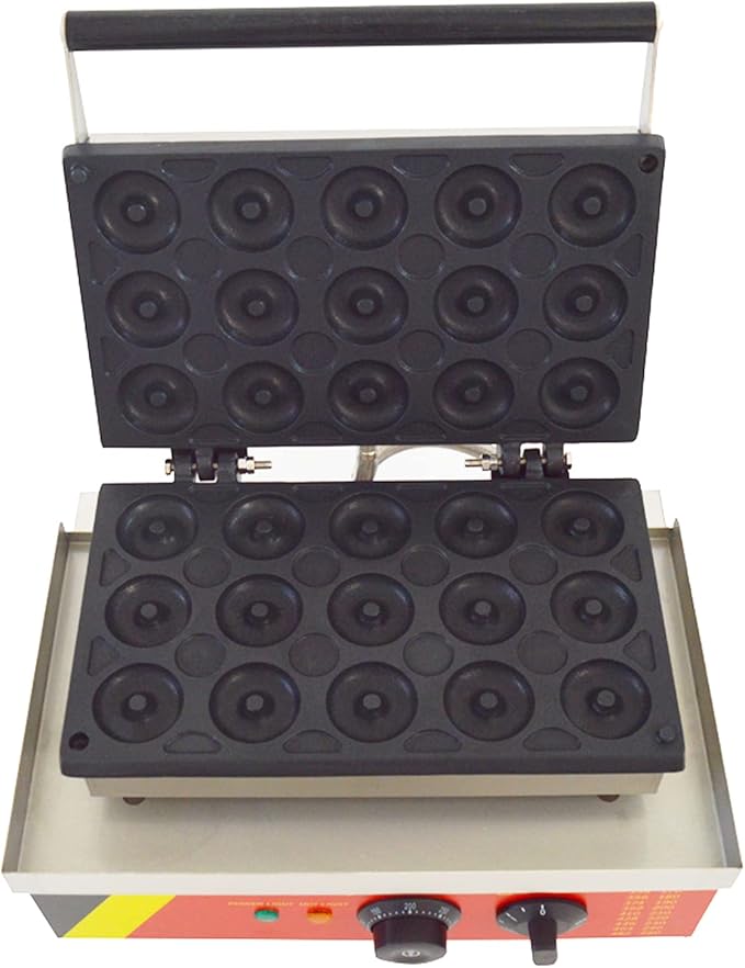 INTBUYING 15Pcs Mini Dount Maker Machine Commercial Electric Waffle Donut Machine 0℃-300℃ 1750W Double-Sided Heating Non-Stick Doughnut Baking Machine 1.85" Snack Maker 110V(1.85" 15 Dounts)