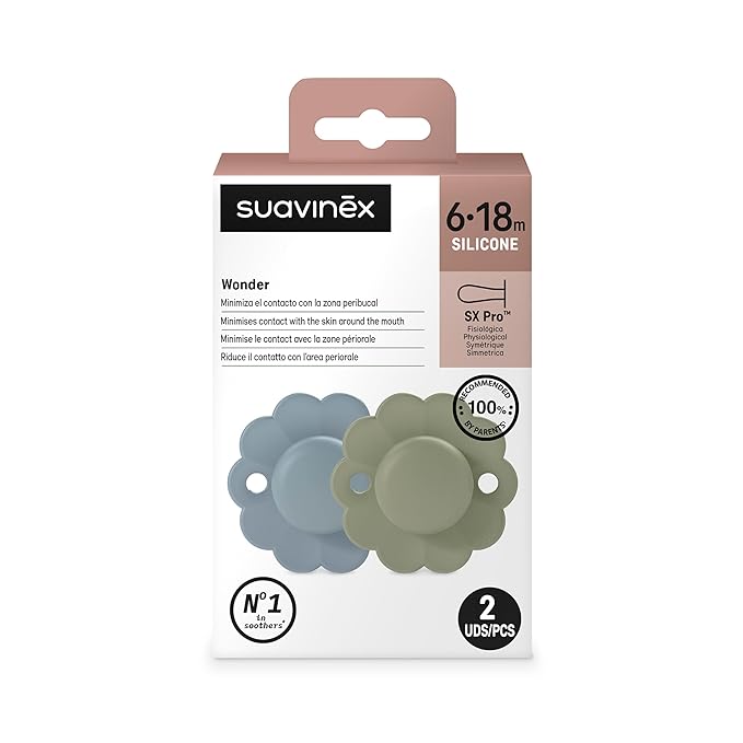 Suavinex Wonder Baby Pacifier, SX Pro Silicone Nipple, Reversible, Non Irritating Shield Design, 2Pk Pacifiers 6-18 Months, Made in Europe, Lake/Green