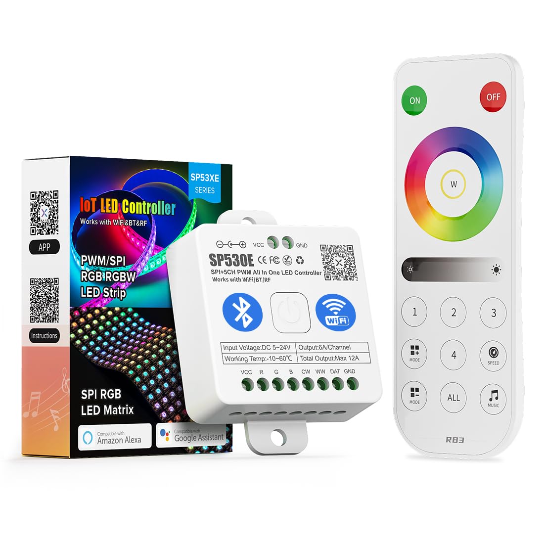 BTF-LIGHTING SP530E WiFi Alexa Bluetooth Controllers 4 Zones 2.4GHz RF RB3 Remote Kit Support FCOB COB SMD PWM or SPI RGB RGBW LED Strip WS2811 WS2812B WS2814 WS2815 SK6812 IC etc DC5V DC12V DC24V