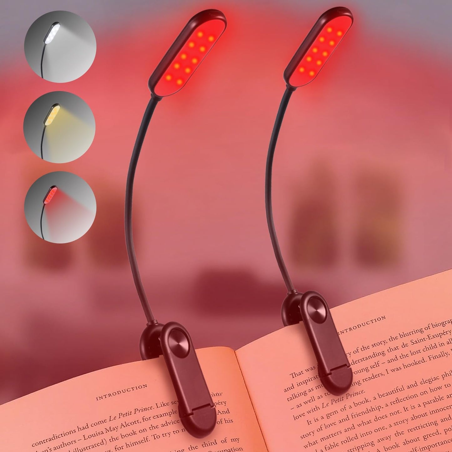 Finezeal 625nm Red Book Light [2 Pack] - Zero Blue Light, Rechargeable Clip On Red Reading Light Lamp for Reading at Night - Poratble Dimmable LED Book Lamp, Gift for Lovers Travel Studying Nursing