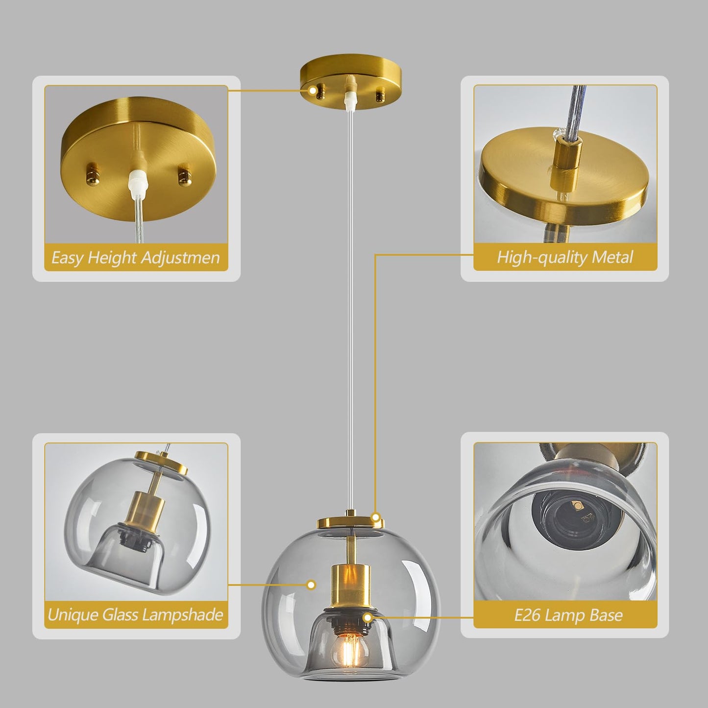 Lbsqj Light Grey Glass Pendant Lights Kitchen Island Gold Hanging Light Fixture Glass Globe Pendant Light Modern Pendant Lighting For Kitchen Island Bedroom Dining Room (7.87  3 Pack)