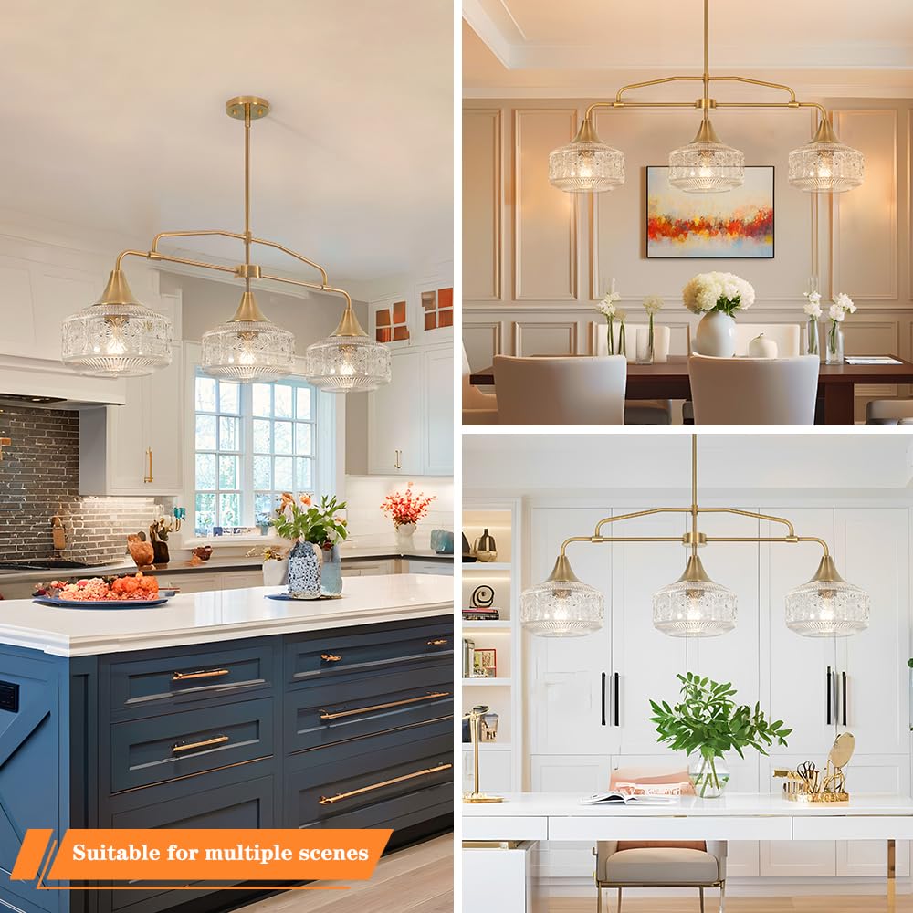 Farmhouse 3-Light Adjustable Kitchen Island Lighting With Clear Glass Shades  Brass Gold Finish Pendant Lights For Dining Room Table  Industrial Island Lights Chandelier For Modern Home Decor
