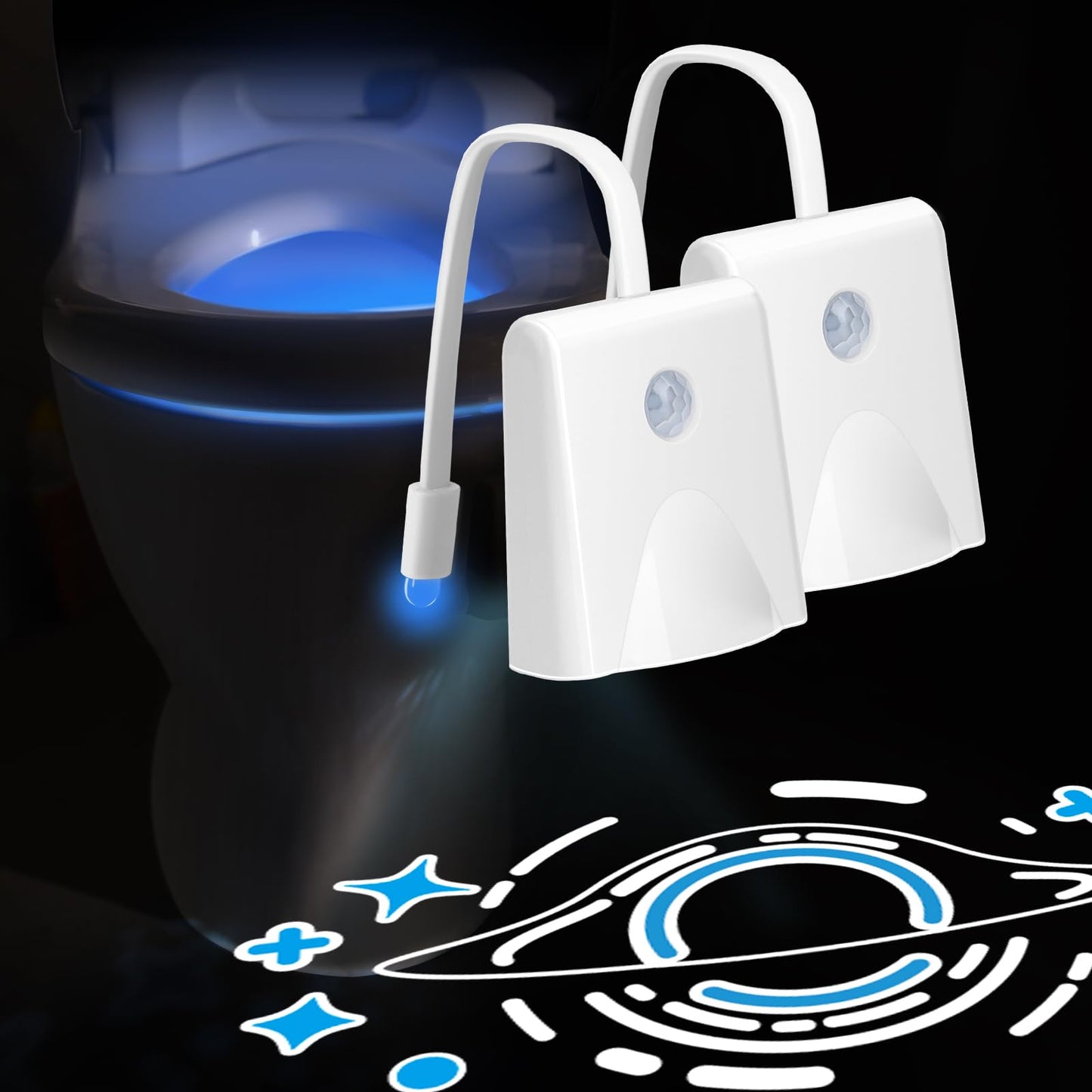 LAVAED Motion Sensor Night Light, 2 Pack, 16 Color Changing, Rechargeable LED Toilet Bowl Light, Waterproof, Model F16-TL3-2pcs
