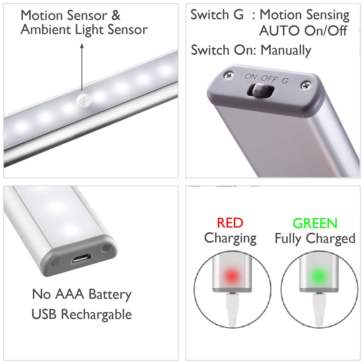 MOSTON Motion Sensor Closet Lights, 20 LED, Rechargeable, 7.5 x 1.4 x 0.5 inch, Silver, Model DL002B