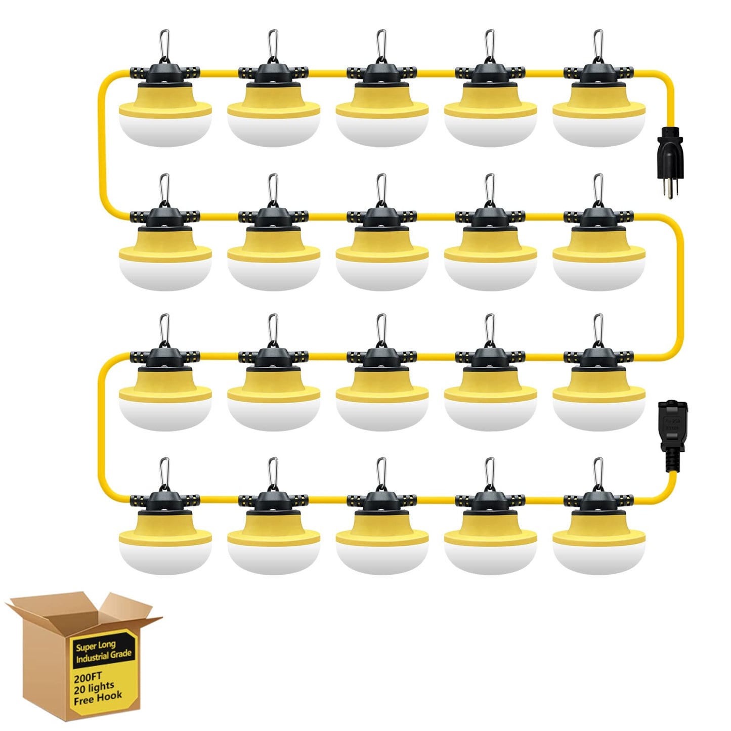 Muasdae 200Ft Led Construction String Lights, Yellow, Industrial Grade, 3 Prong, Ideal For Outdoor, Walkways, Renovation, And Lighting Solutions