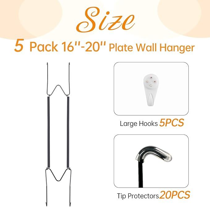 5 Pack Plate Hangers for The Wall, Suitable for 16-20 inch Art Plate, Stainless Steel Invisible Heavy Duty Wire Plate Holder with Wall Hooks, Plate Hangers for Displaying Plates, Platter, Dish, Black