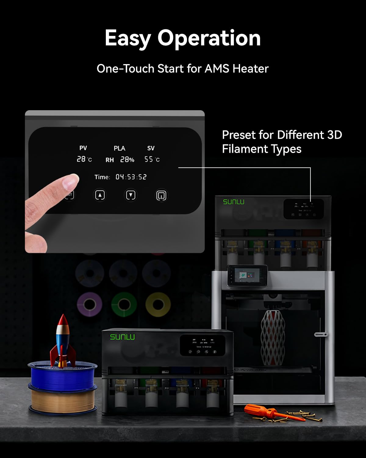 SUNLU AMS Heater, Compatible with AMS Gen 1 – Enables Simultaneous Printing & Drying, Easy Installation, Fast Heating to 70°C, 4-Spool Capacity Filament Dryer