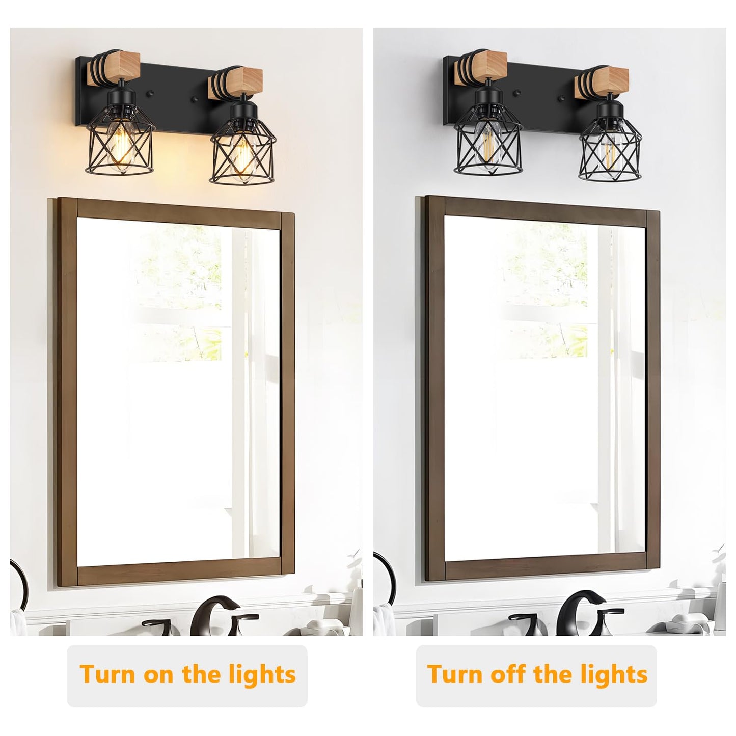 Fadimikoo 2-Light Farmhouse Bathroom Vanity Light Fixtures  Wood Bathroom Lighting Over Mirror  Black Rustic Sconces Wall Lighting With Metal Lampshade For Living Room  Bedroom  Hallway