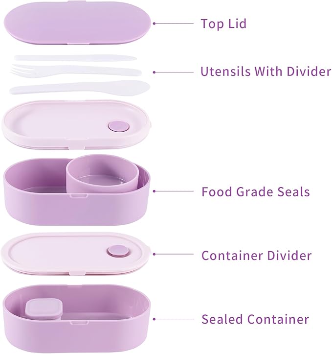 Bento Lunch Box Set -2 Stackable Adult And Women's Lunch Boxes - Including Lunch Bag, Leak Proof And Bisphenol Free A - Built-In Cutlery Set - Dishwasher Safe (Purple)