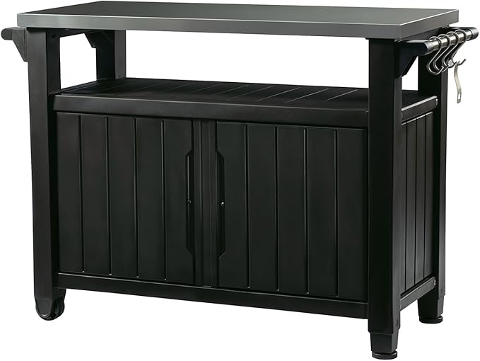 Keter Unity XL Portable Outdoor Table with Stainless Steel Top for Kitchen Prep and Outdoor Storage Cabinet for Grilling A...