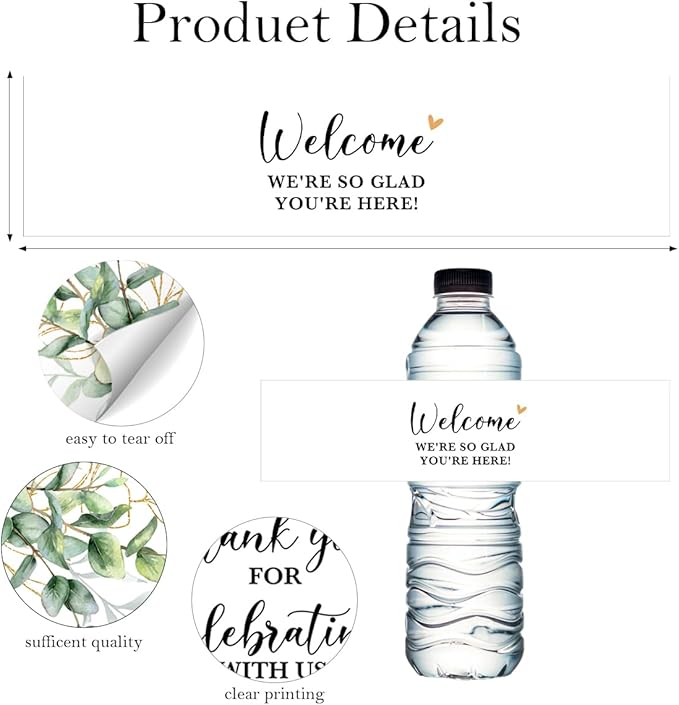 100PCS Wedding Water Bottle Labels Waterproof Greenery Floral Wraps Sticker for Water Bottle Baby Shower Bottle Label for Bridal Shower Party Welcome（White）