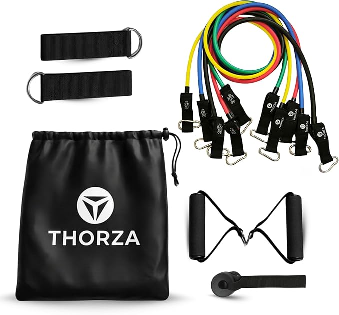 THORZA 11-Piece Full Body Strength Training with Resistance Bands Set - 5 Levels Tube Exercise Bands, Without Latex TPE Re...