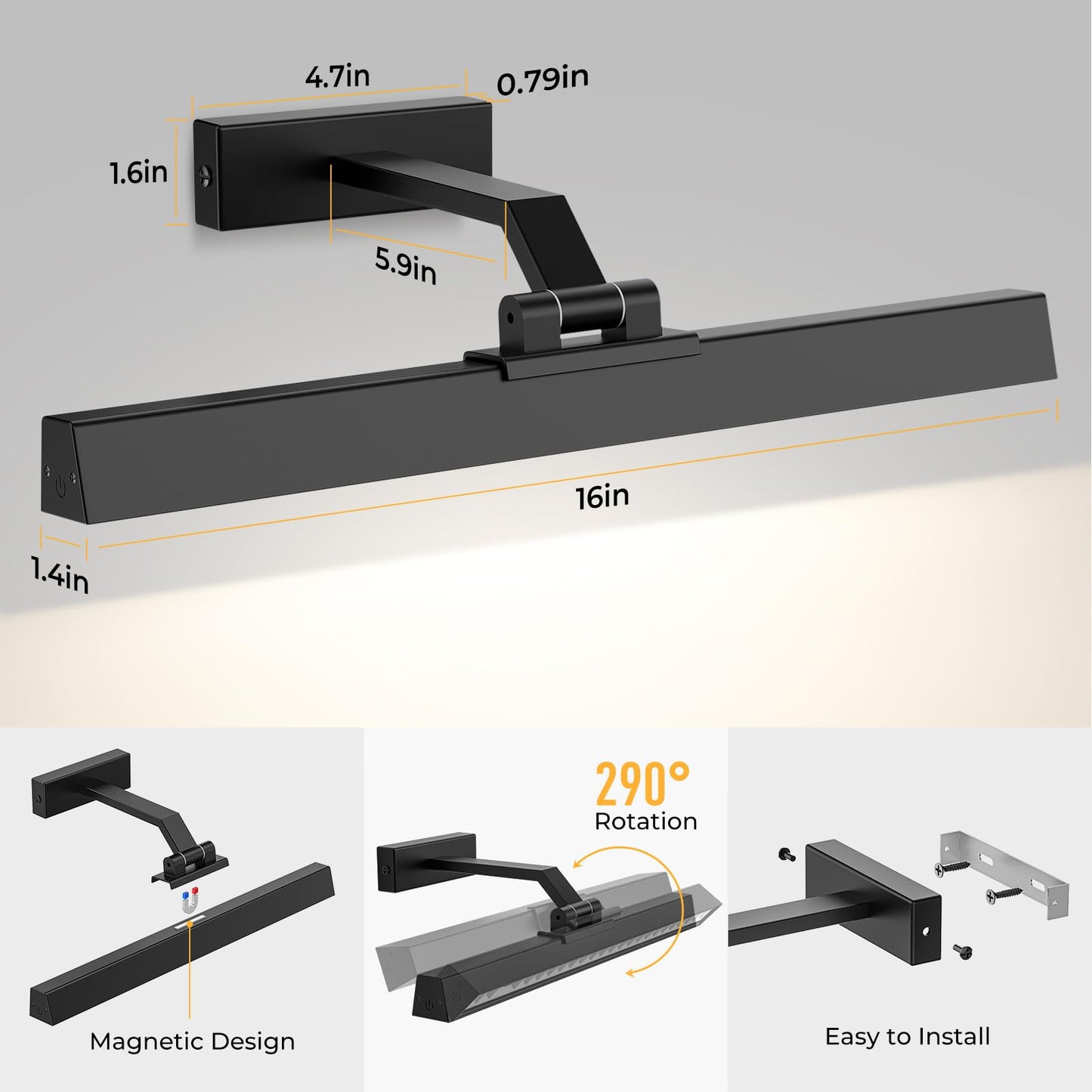 Afyuol 16In Battery Operated Picture Light, Cct Dimmable Wall Light With Remote Control, Black Metal, Model Hb-1 For Art And Gallery