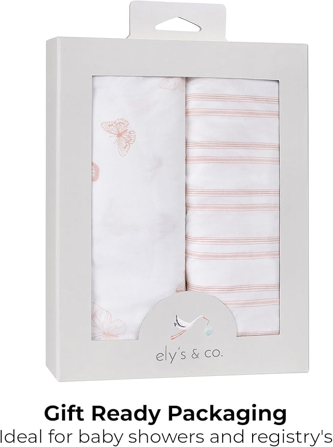 Ely’s & Co. Changing Pad Cover, Diaper Changing Table Sheets, 2 Pack, Cradle Sheet Set for Baby Girls, 100% Jersey Knit Cotton, 32”x16”x5” Pink Butterfly + Stripe Collection