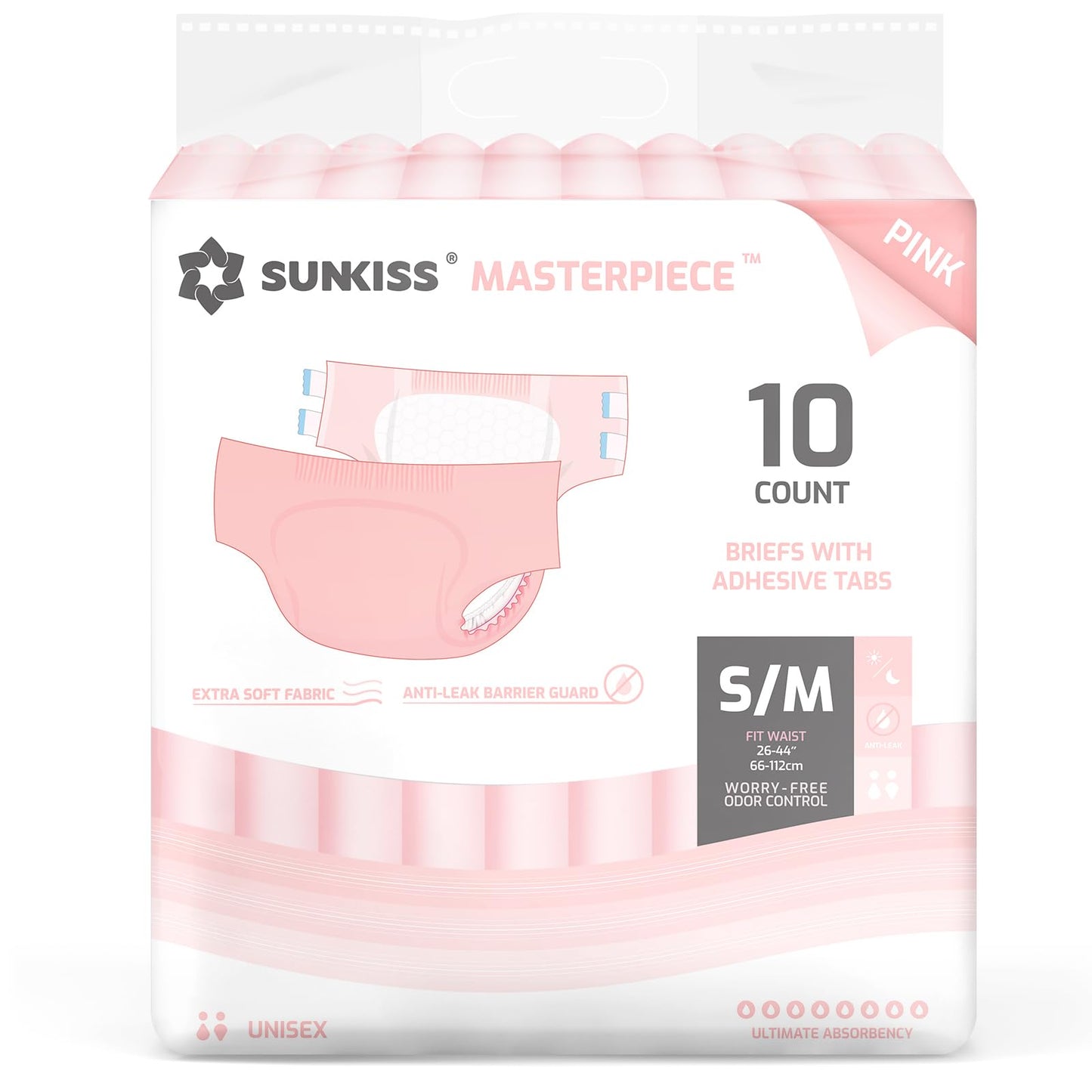 SUNKISS Masterpiece Adult Diapers with Tabs, Unisex Disposable Incontinence Briefs for Women and Men, Odor Control, Pink, Small/Medium, Previously Medium,10 Count