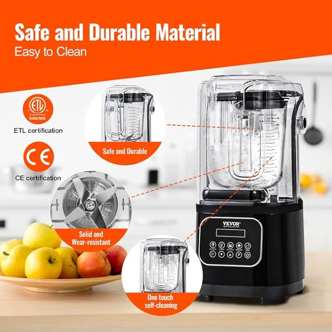 VEVOR Professional Blender with Shield, Commercial Countertop Blenders, 68 oz Jar Blender Combo, Stainless Steel 9 Speed & 5 Functions Blenders, for Shakes, Smoothies, Peree, and Crush Ice, Black