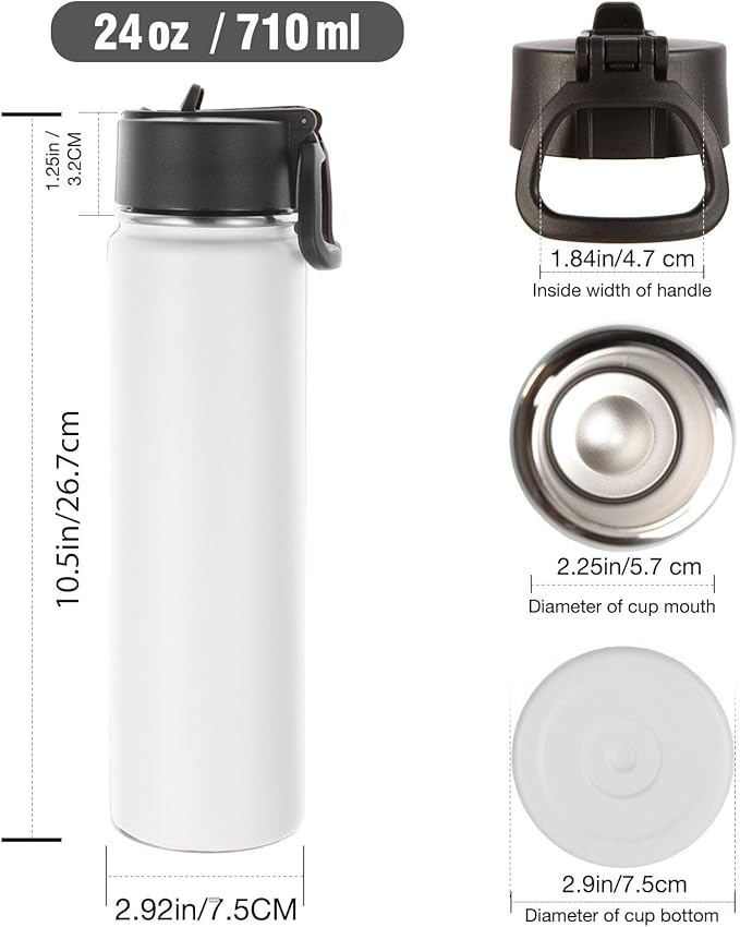 Volhoply 24 Ounce Insulated Water Bottle With Straw Lid,Stainless Steel Wide Mouth Sport Bottles With Handle,Double Wall Vacuum Thermos keep Cold,Reusable Travel Thermal Cups For Holder,Gym(White,1)
