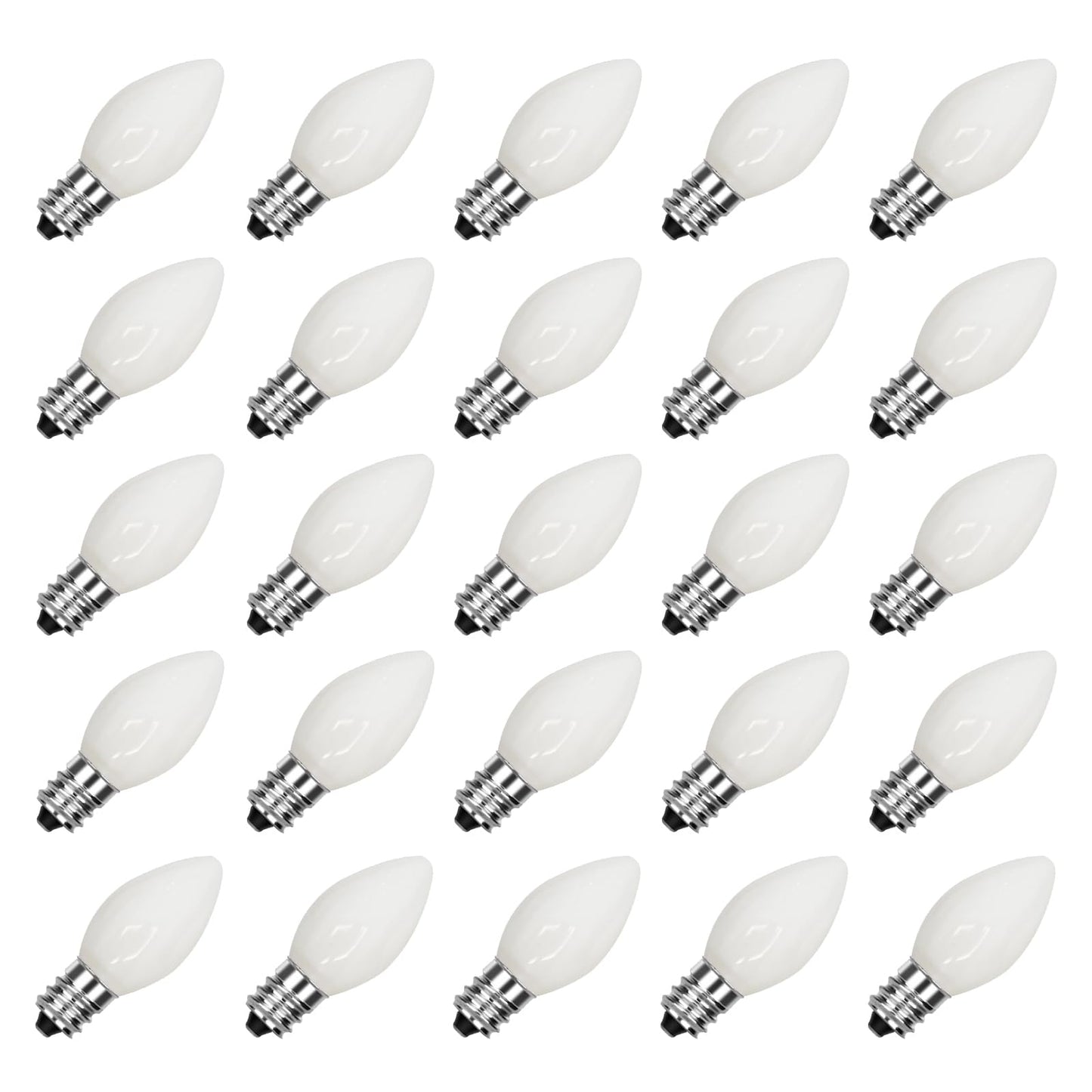 SUNSGNE C7 White Outdoor Christmas Light Bulbs, 5W E12 Candelabra Base, Pack of 25, Glass