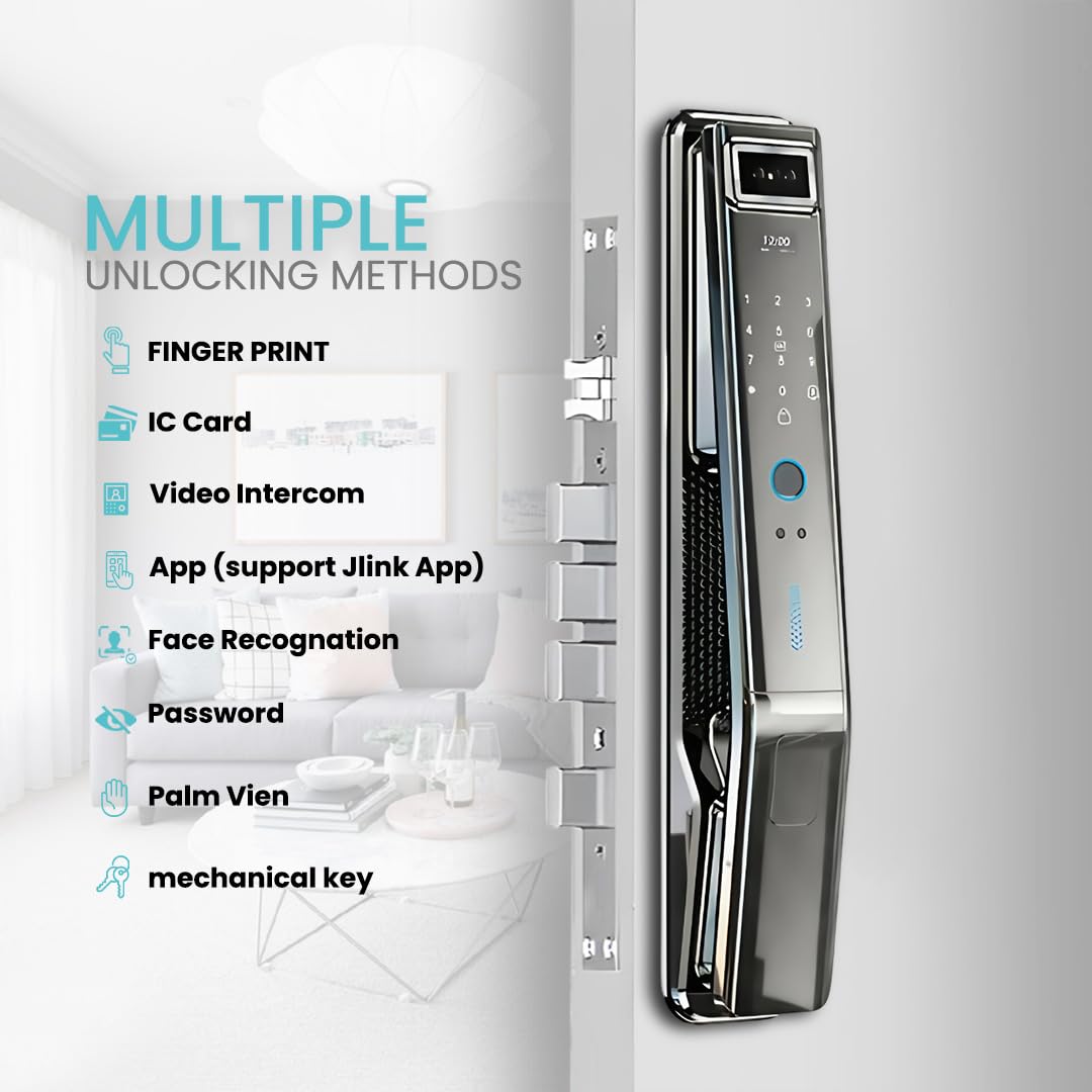 Smart Door Lock with 3D Face Recognition & Camera – 7-in-1 Keyless Entry via Palm Vein, Fingerprint, Passcode, Card, WiFi App (JLink), Key, Video Intercom & Doorbell, Alexa - Easy Install