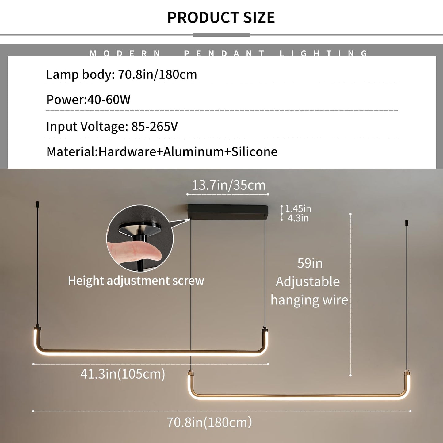 Mikeru 2-Light LED Chandelier, 70in Aluminum Pendant Light, Remote Control, 3000K-6500K Adjustable Color, H-Black, Model TC-MX36