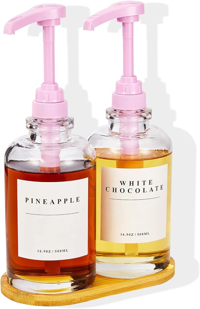 Coffee Syrup Dispenser for Coffee Bar, Coffee Syrup Pump Dispenser, Glass Syrup Bottle with Pink Upgraded Pump, 2 Pack 16.9 oz 500 ml Syrup Dispensers, 28 Labels and Bamboo Tray